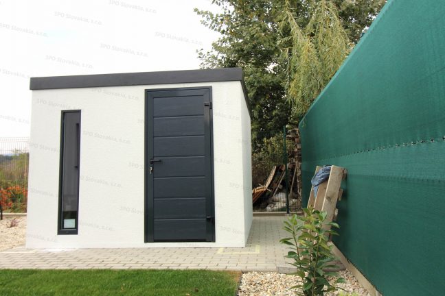 Montovaný záhradný domček s rovnou strechou v antracitovej farbe