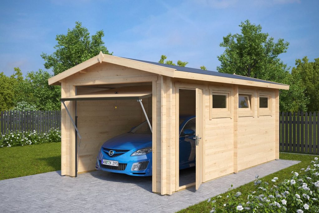 Drevená garáž so sedlovou strechou s modrým autom