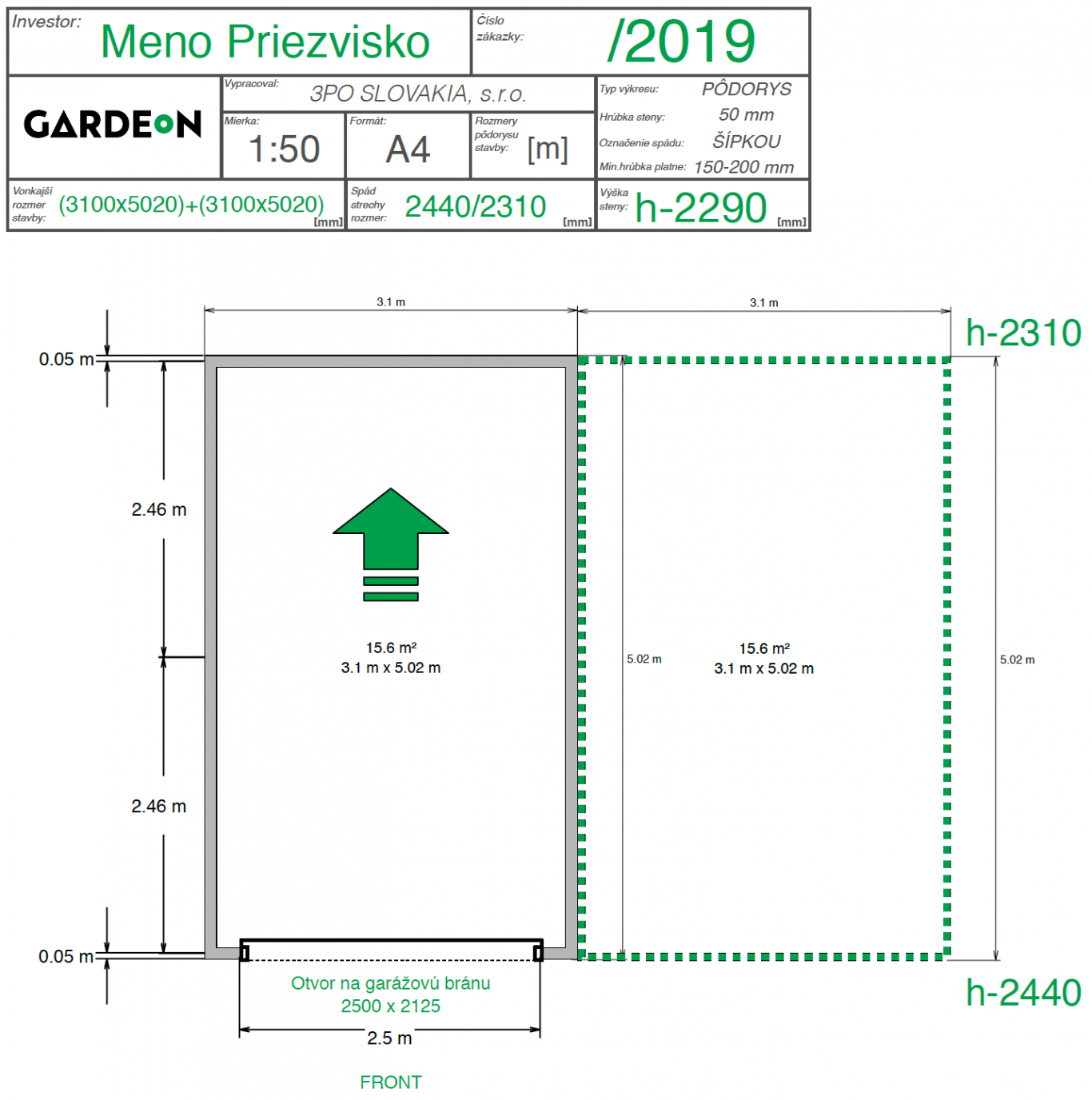 Nákres montovanej garáže GARDEON