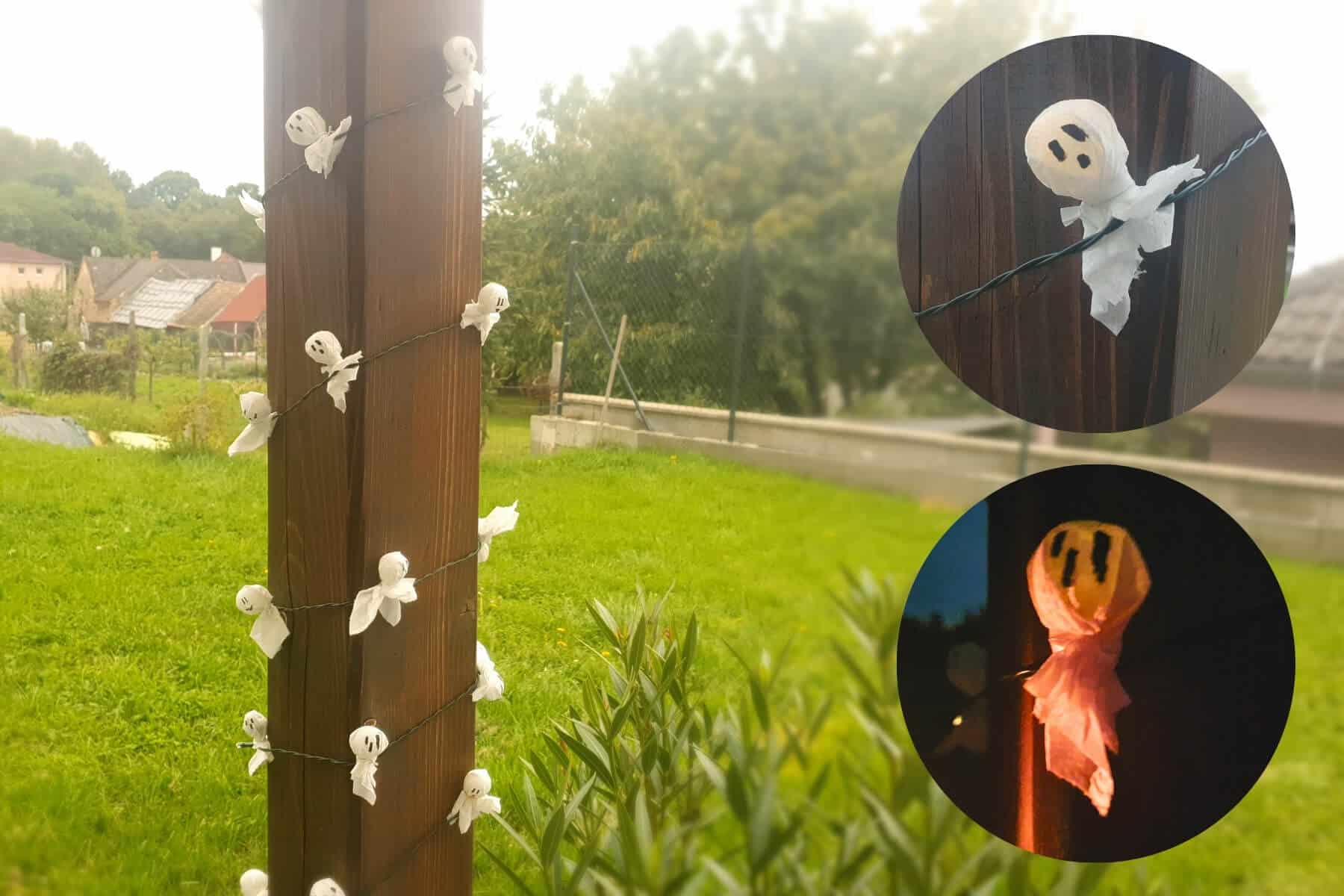 Svetelná reťaz s duchmi na tráme altánku.