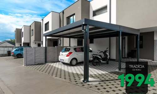 Zaparkované auto s motorkou pod prístreškom GARDEON pre dve autá