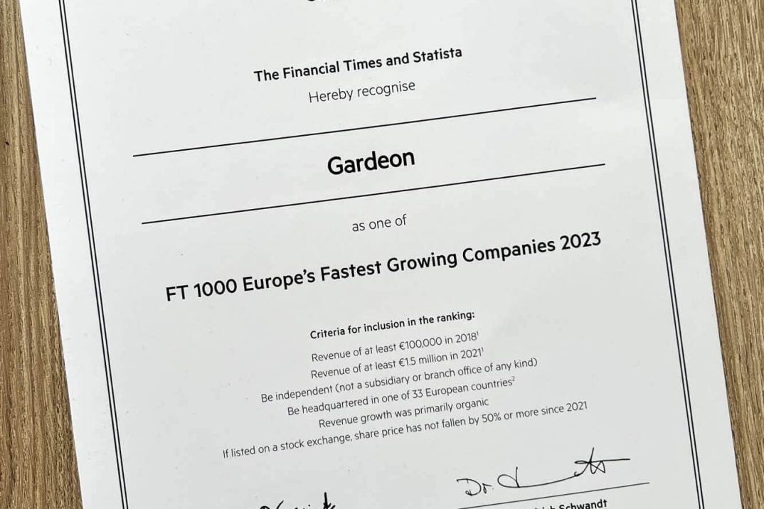 Gardeon certifikát 1000 najrýchlejšie rastúcich firiem v Európe