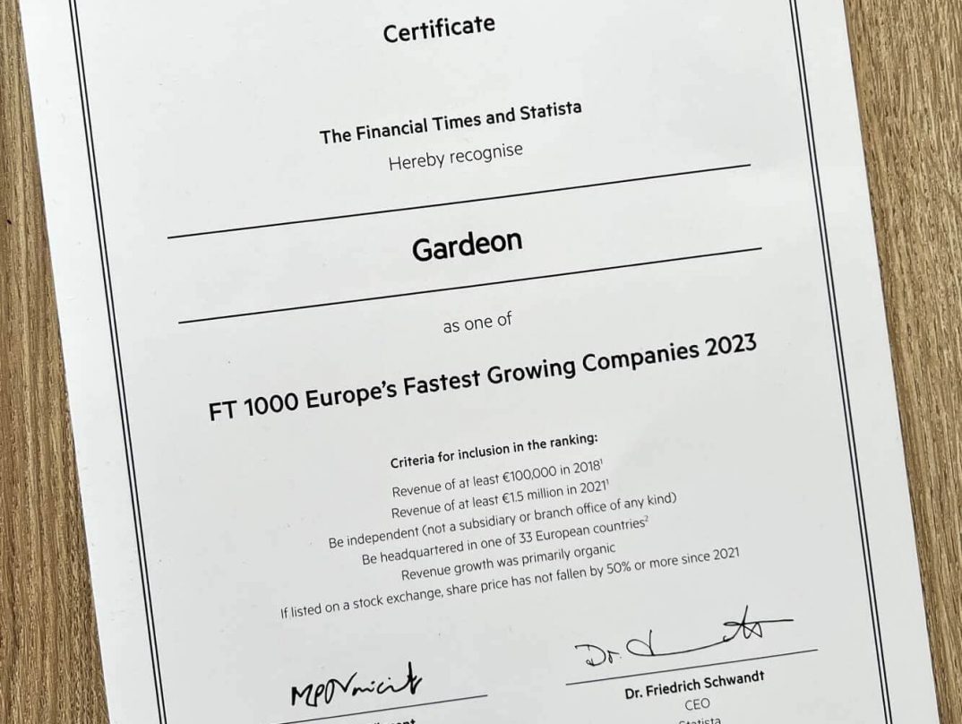 Gardeon certifikát 1000 najrýchlejšie rastúcich firiem v Európe