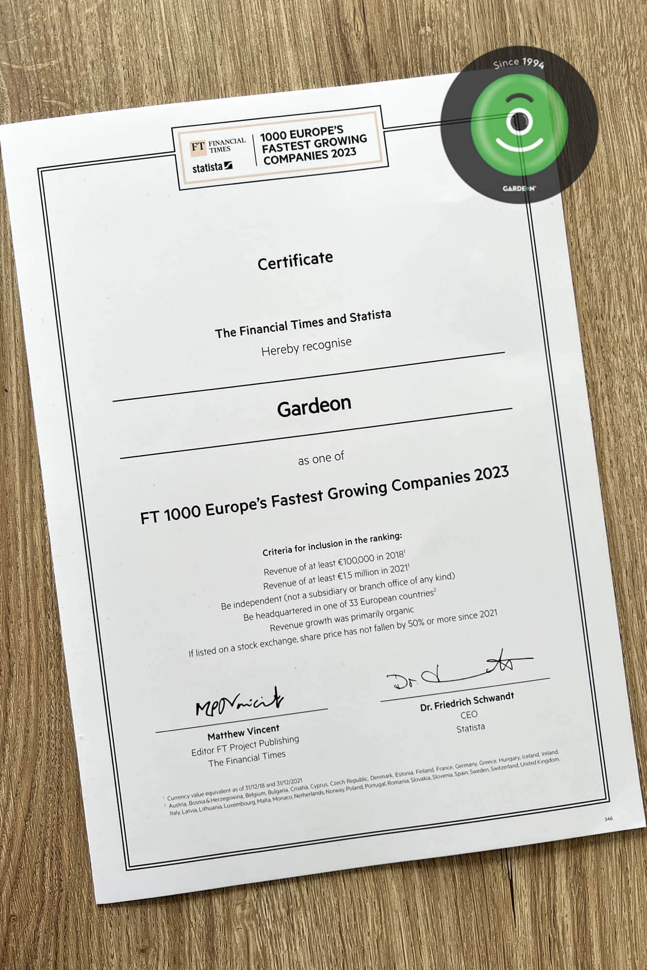Gardeon certifikát 1000 najrýchlejšie rastúcich firiem v Európe
