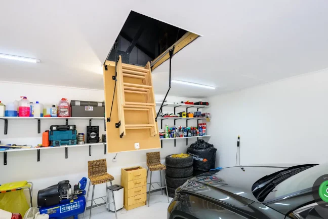 GARDEON garáž pre dve autá sedlová strecha skladajúci sa rebrík zo stropu 1