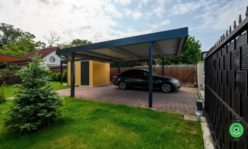 GARDEON žltý záhradný domček s prístreškom na drevo a prístreškom pre dve autá 2
