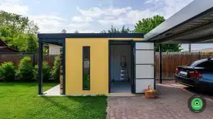 GARDEON žlt&yacute; z&aacute;hradn&yacute; domček s pr&iacute;stre&scaron;kom na drevo a pr&iacute;stre&scaron;kom pre dve aut&aacute; 3