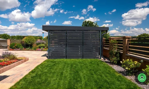 Čierna kovová výplň na prístrešku v záhrade s farebnými kvietkami.