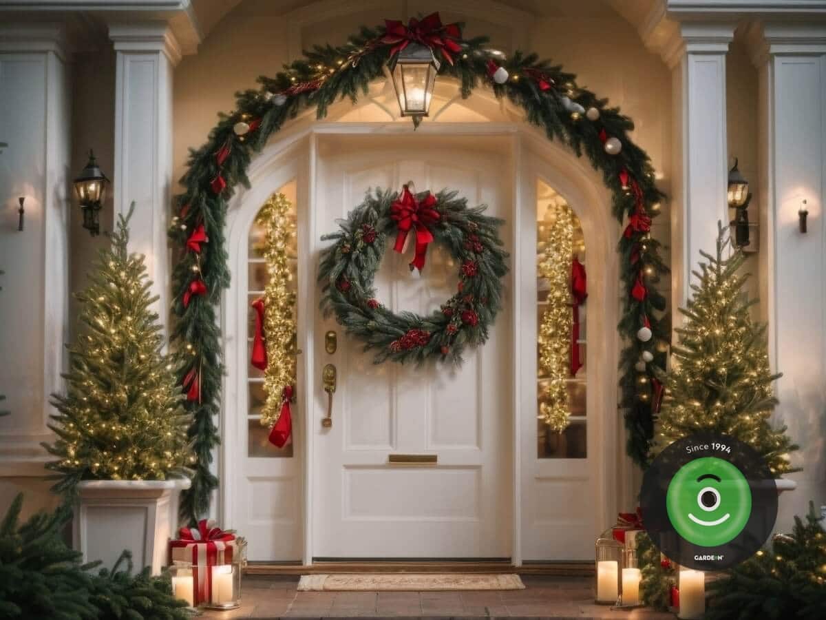 Vyzdobené vchodové dvere vianočným vencom, girlandou a svetielkami.