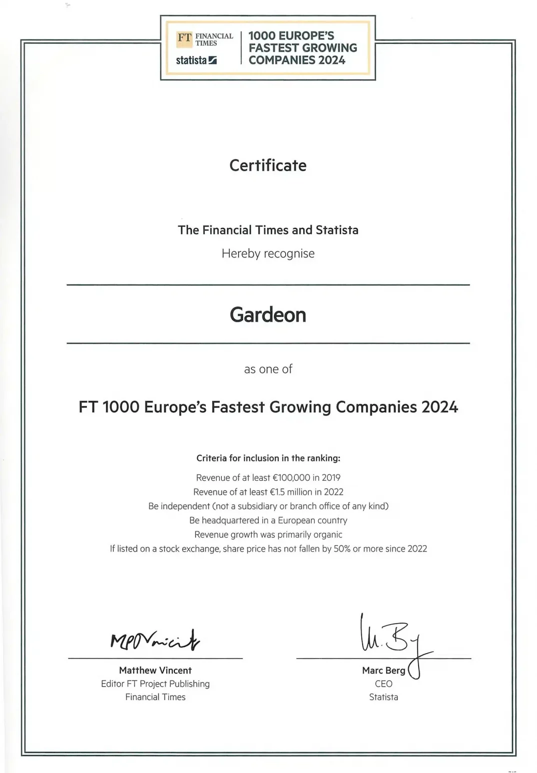 Certifikát pre 1000 najrýchlejšie rastúcich firiem v Európe