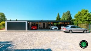 Garáž pre dve autá s veľkým prístreškom a moderným dizajnom.