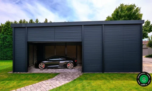 Elegantný prístrešok s čiernym športovým autom na dlažbe.