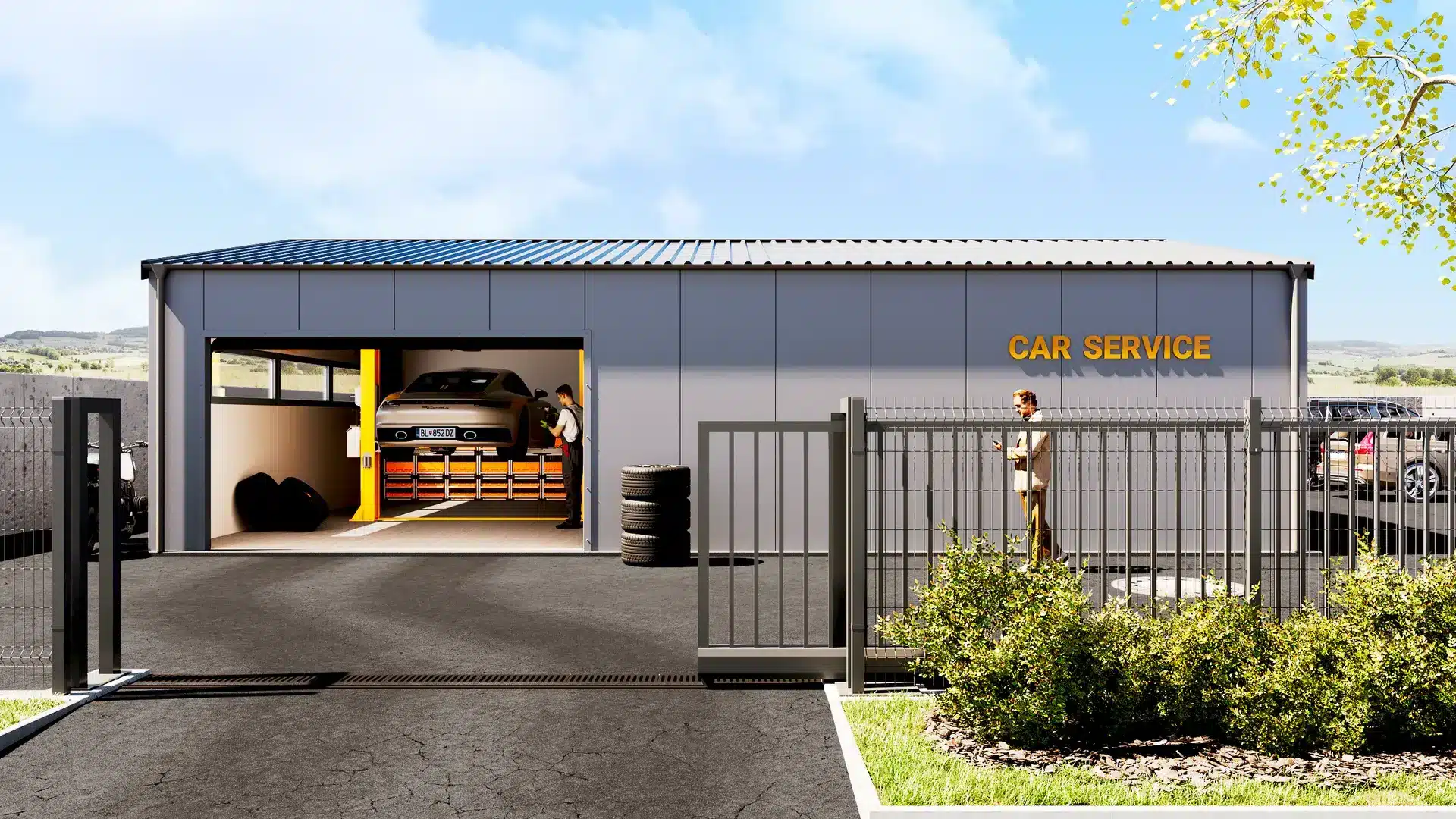 Zateplená hala GARDEON 8 × 12 m ako autoservis s otvorenou sekcionálnou bránou
