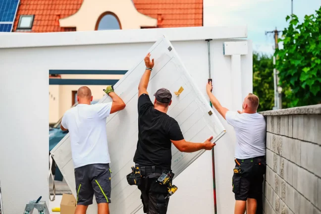 Traja pracovníci vnášajú veľký biely panel do otvoru garáže.