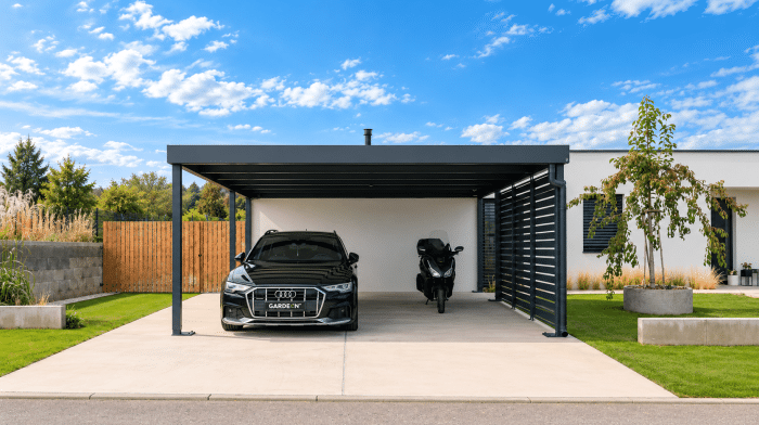 Antracitový prístrešok s Audi a skútrom