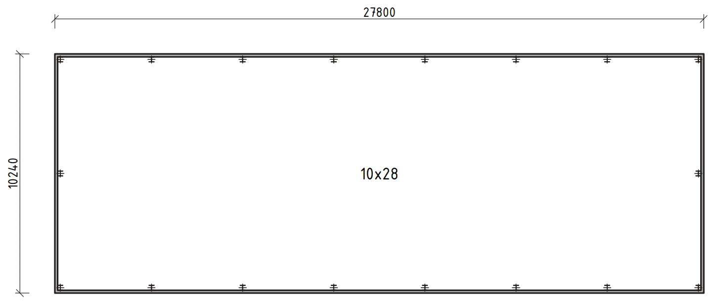 Pôdorys zateplenej haly GARDEON L 10 × 28 m, vonkajšie rozmery 10,24 × 27,80 m