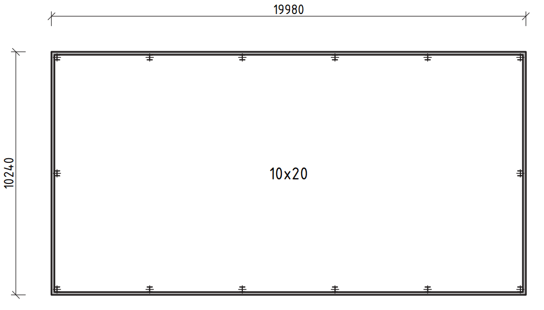 Pôdorys zateplenej haly GARDEON M 10 × 20 m, vonkajšie rozmery 10,24 × 19,98 m