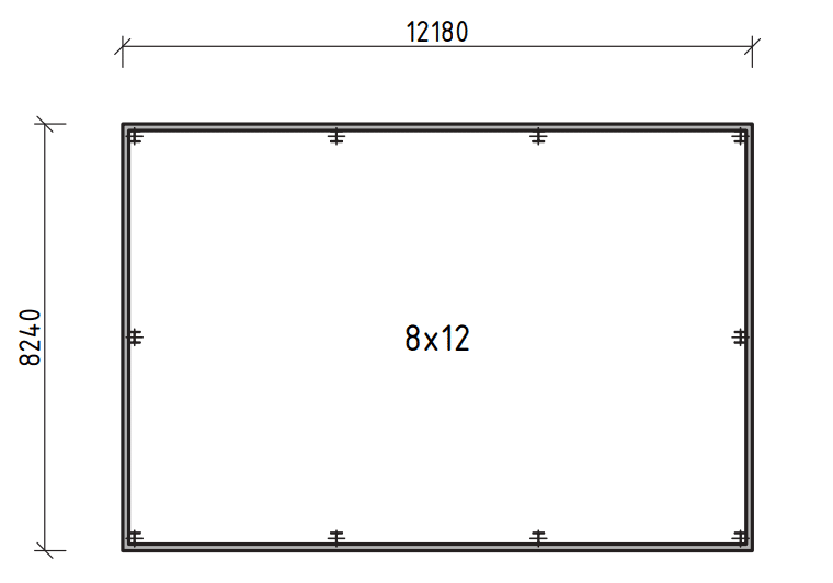 Pôdorys zateplenej haly GARDEON S 8 × 12 m, vonkajšie rozmery 8,24 × 12,18 m