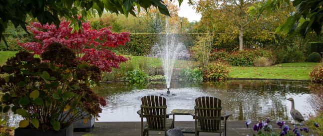 Záhradné stoličky pri jazierku s fontánou